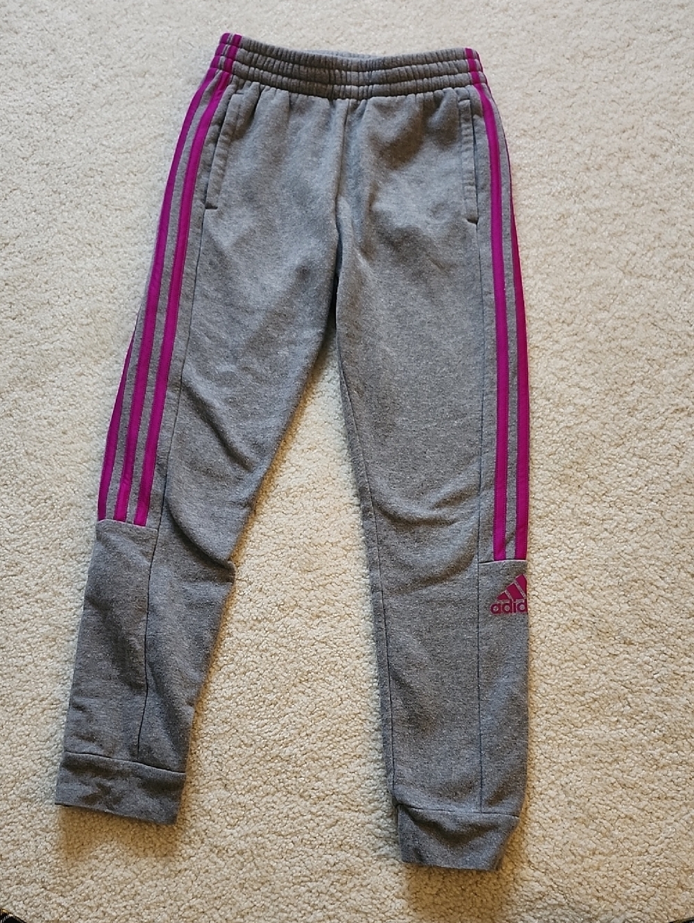 Adidas Kids Gray Joggers with Magenta Side Stripes